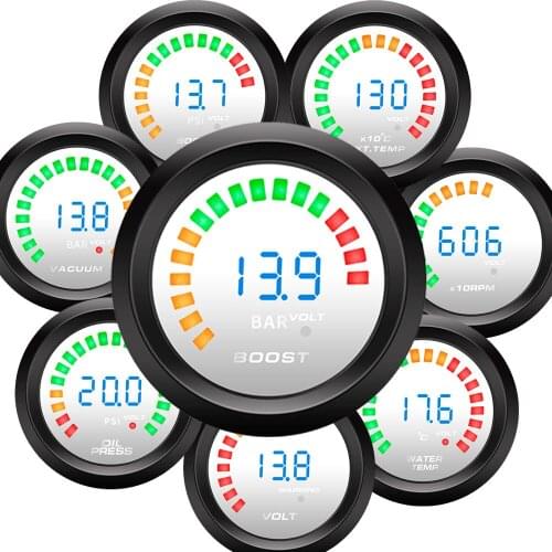 52mm 2 in 1 Smoke lens Boost gauge bar psi/Vacuum/Water temp/Oil temp/Oil pressure/Voltmeter/Tachometer RPM Car Gauge + sensor