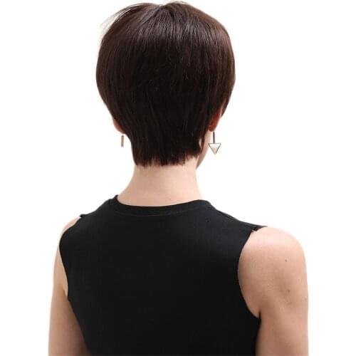 8'' Women Human Hair Side Part Pixie Cut Layered Wigs for Party Work with Bangs