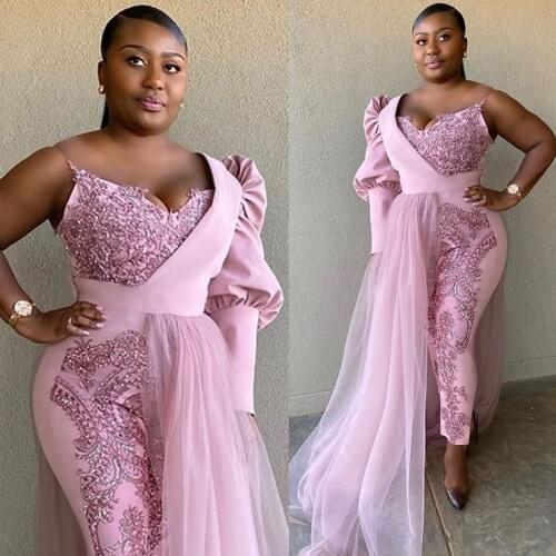 Arabic Aso Ebi Prom Dresses Plus Size Jumpsuit Lace Beaded One Shoulder Party Second Reception Gowns with Overskirt
