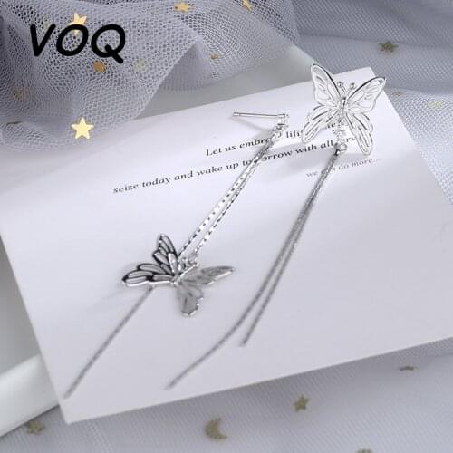 VOQ 925 Sterling Silver Asymmetrical Tassel Hollow Butterfly Earrings Female Fashion Ladies Jewelry Accessories