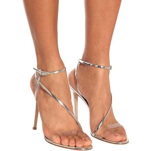 2021 Summer Sandals Women Pvc Silver Patent Leather Ankle Buckle Thin High Heels Fashion Sandalias Banquet Party Shoe Pumps