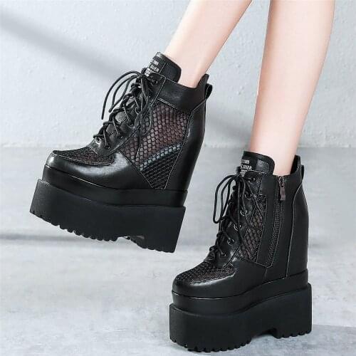 Summer Casual Shoes Women Lace Up Genuine Leather Wedges High Heel Ankle Boots Female Breathable Round Toe Chunky Platform Pumps