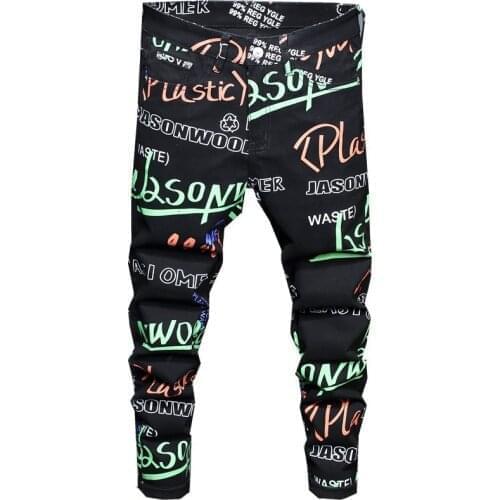New mens male trousers Autumn winter fashion black printed stretch casual denim slim straight stretch personality flower pants