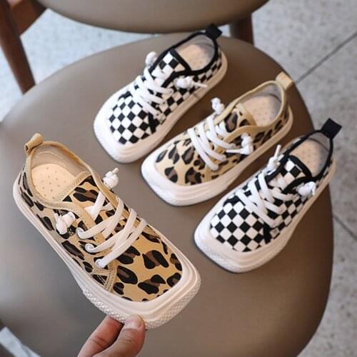 Kids Sneakers Lace Up Casual Shoes Leopard Girls Canvas Shoes Square Toe Boys Seaker Black White Plaid Run Flats Children 1-14y