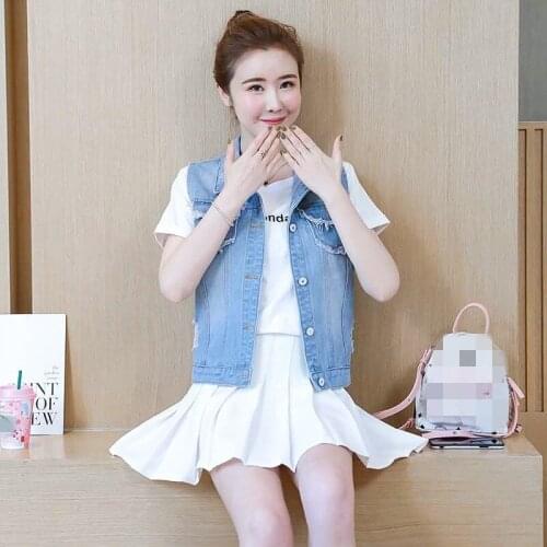 Harajuka Summer New Brand Patch Designs Womens Denim Vests Sleeveless Hole Ripped Sweet Slim Fit Female Waistcoats Plus Size