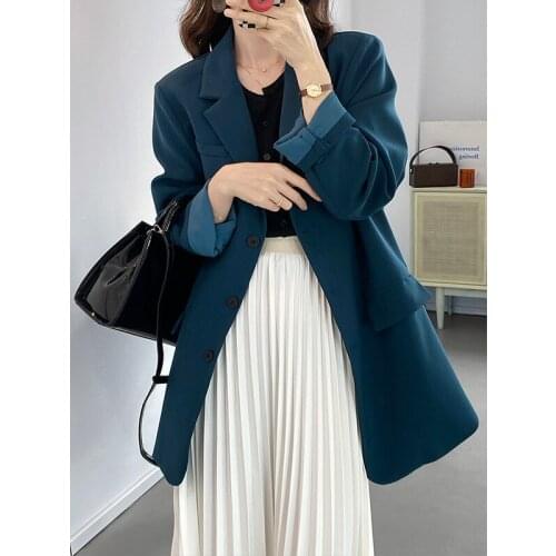 HXJJP 2021 Autumn Oversized Long Suit Jacket Womens Long Sleeve Loose Profile Blazers Office Lady