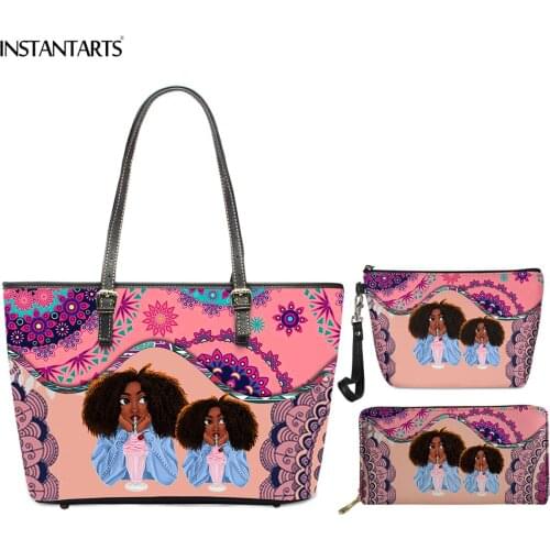 INSTANTARTS African Black Women Tribe Print Women Big Tote Bag PU Leather Handbag with Makeup Case Purse 3pcs Set Shoulder Bags