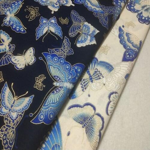 Graceful Gold Stamping Navy Blue & Beige Butterfly Printed Cotton Fabric 45x140cm Fabric Patchwork for Cloth Dress Home Docor