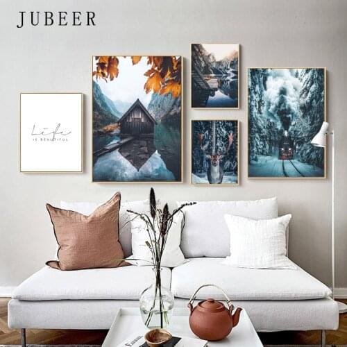 Mountain Lake Waterfall Picture Scandinavian Poster Nordic Style Print Nature Scenery Wall Art Canvas Painting Modern Room Decor