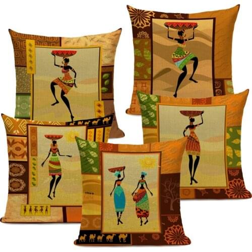 Classical African Ethnic Cushion Cover African Women Working Decorative Cushions Square Linen Pillowcase for Sofa Home Decor