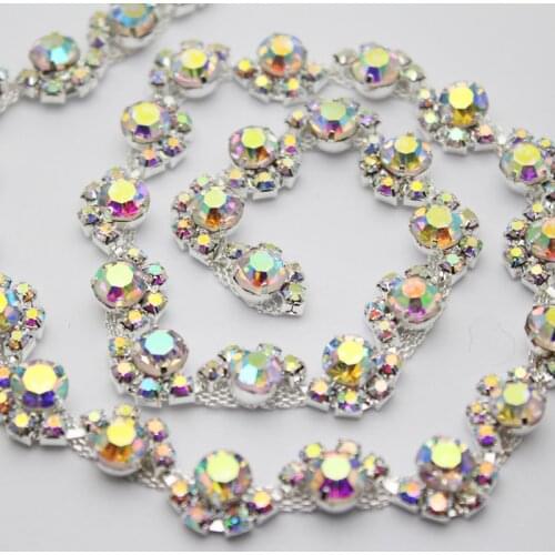 1 yard Best Quality Crystal AB Round Glass Rhinestone Cup Chain Silver Base Dress Decoration Trim Applique Sew on Garment