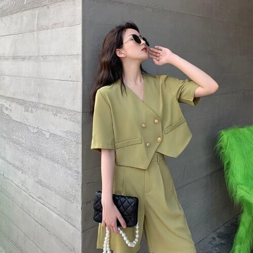 Summer Women Elegant Shorts Suit Sets Solid Female Outfit Green Double-Breasted Blazer Jacket High Waist Shorts Two-Piece Set