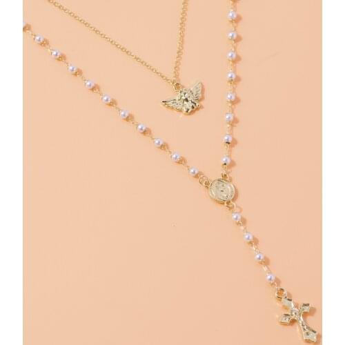 Pearl Angel Coin Cross Necklaces Gold Color Personality Punk Multilayer Alloy Necklace for Women Vintage Female Fashion Jewelry