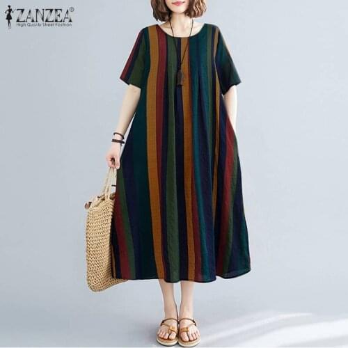 Kaftan Striped Dress Womens Summer Sundress ZANZEA 2021 Casual Short Sleeve Vestidos Female Baggy Robe Femme 7