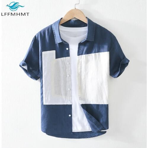 Short Sleeve Patchwork Cotton Linen Shirts For Men Summer Japan Style New Fashion Lapel Casual Breathable Thin Slim Fit Top Male