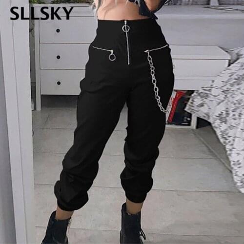 SLLSKY High street Women Casual Harem pants with Chain Zipper Loose Streetwear Black pants High waist Cool Autumn Long Trousers