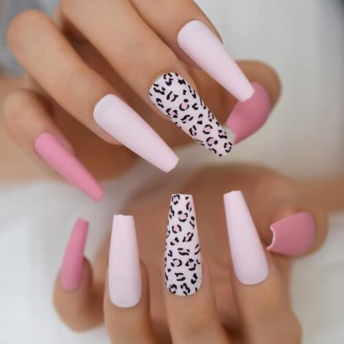 Super Long Ballerina Fake Nails Colored With Designs Leopard Pattern Matte False Pink Nails Press On Coffin Square Nail Tips