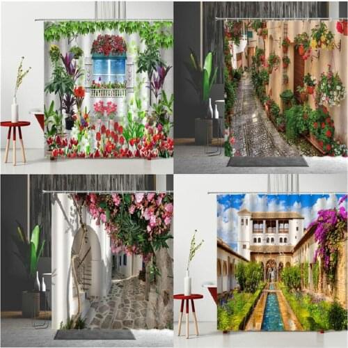 Shower Curtains Northern Europe Small Town Street Scenery Flowers Fountain Patterned Polyester Fabric Bathroom Partition