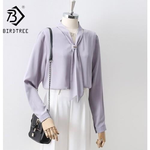 2021 Autumn Women Purple Shirts Vintage Long Sleeve Chiffon Blouse V-Neck Elegant Office Wear Lady Fall Spring Bow Tie Tops T167