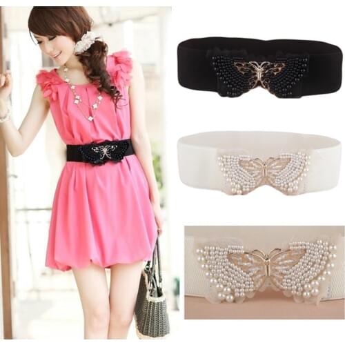 Women Fashion Pearl Bead Metal Butterfly Buckle Lace Elastic Stretchy Waist Belt BLTLL0012