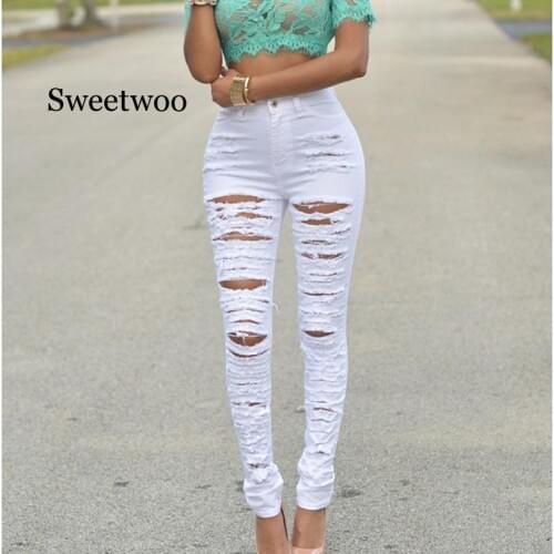 White black hole Slim Jeans for Women New Fashion Summer Skinny Denim Jeans Sexy Hole Jeans White Black Mid Waist Pencil Jeans