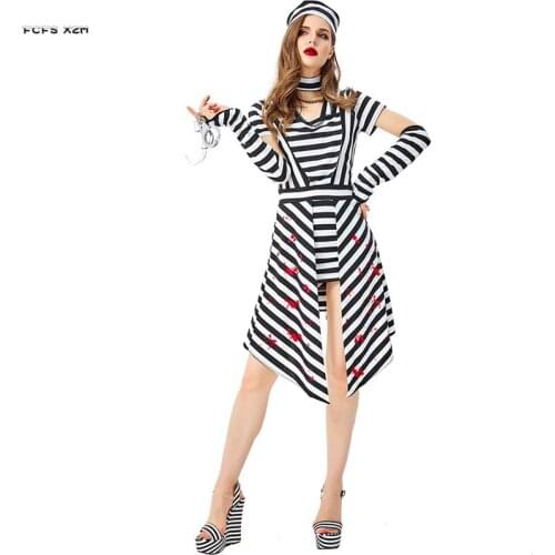 Black and white stripes Women Halloween Prison suit Costumes Female prisoner Cosplay Carnival Purim Masquerade Rave party dress