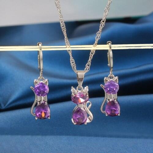 ZHOUYANG Cute Kitten Jewelry Set For Women Purple Zircon Silver Color Hot Sale Simple Animal Jewelry 2021 Gifts Wholesale KAS145