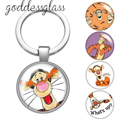 Disney Pooh Friends Tigger Cute Cartoon Tiger glass cabochon keychain Bag Car key chain Ring Holder Charms keychains gift