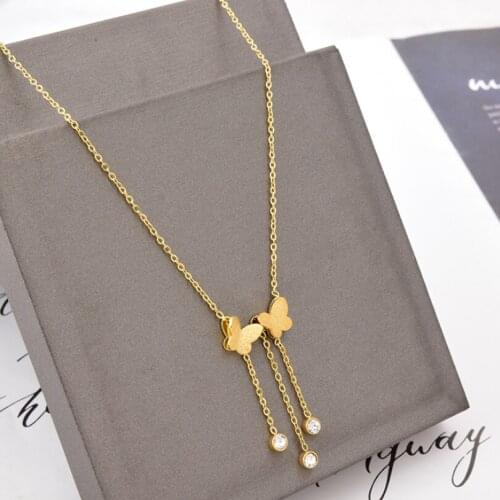 316L Stainless Steel Frosted Double Butterfly Zircon Tassel Pendant Charm Chain Choker Necklace For Women Fashion Fine Jewelry