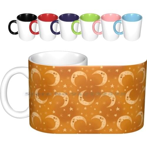 Yellow Moons And Stars Ceramic Mugs Coffee Cups Milk Tea Mug Moon Moons Star Stars Sky Luna Lunar Mustard Yellow Gold Creative