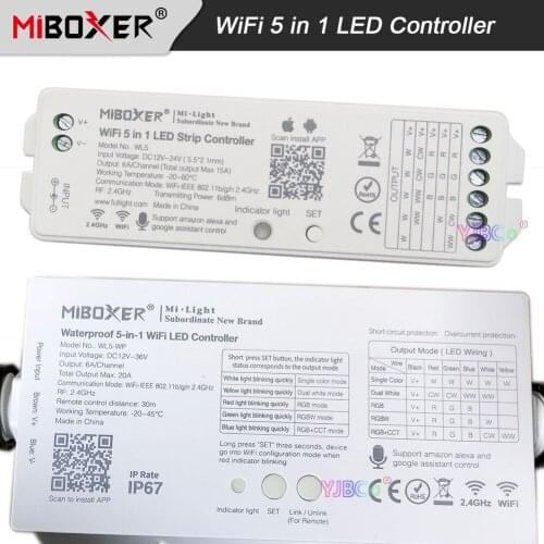 Miboxer WiFi 5 in 1 Light Controller Waterproof IP67 Single color/CCT/RGB/RGBW/RGB+CCT LED Strip Dimmer DC 12V 24V WL5 / WL5-WP