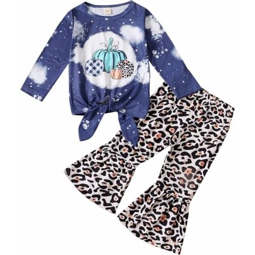 Wallarenear 1-5Years Toddler Girls Halloween 2Pcs Clothes Set Pumpkin Printed Dark Blue Long Sleeve Tops Flared Pants