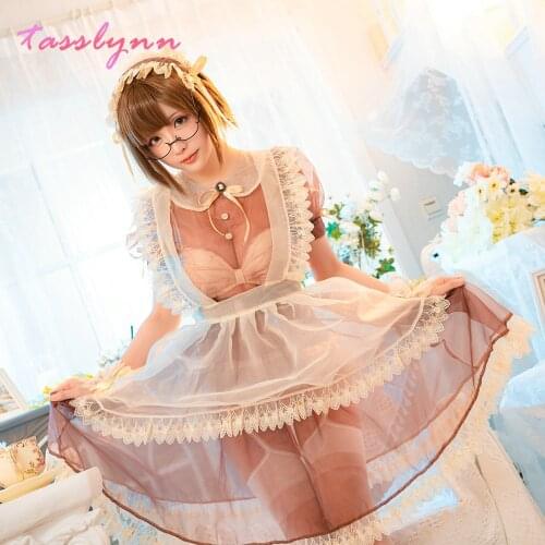 Cute Lace See Through Japanese Style Maid Long Dress Sexy Halloween Costume 2021