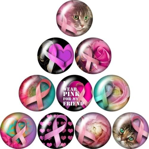 New Pink Ribbon Love cure 10pcs mixed 12mm/16mm/18mm/25mm Round photo glass cabochon demo flat back Making findings ZB0964