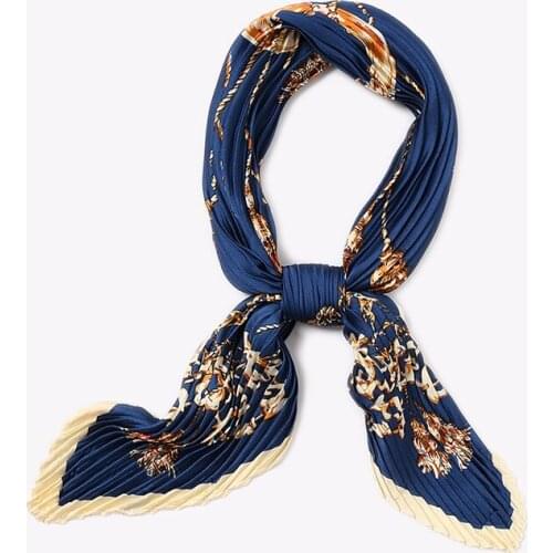 Luxury Print Silk Head Scarf Stylish Print Foulard Small Bandana Crinkle Neck Wear Pleated Scarves [3710]