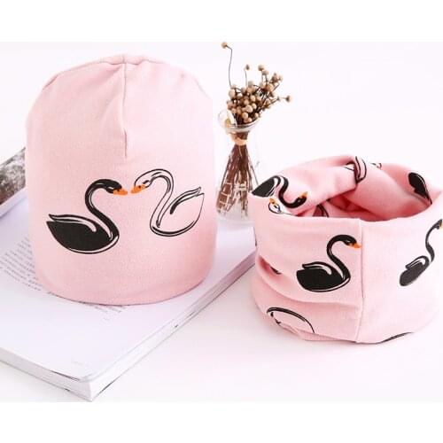 New Baby Scarf Hat Sets Autumn Winter Cotton Swan Pattern Printing Cartoon Children Girls Boys Collar Beanies Kids Caps Suits