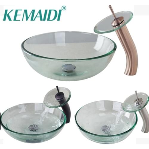 KEMAIDI Waterfall Basin Faucet Glass Bowl Bathroom Sink Wash Basin Tempered Mixer Set ORB& Antique Copper&Nickel Brushed