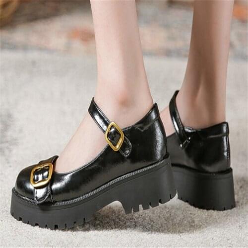 Leather Black Women Shoes Japanese Style Lolita Shoes Women Vintage Soft High Heel Platform College Student Mary Jane shoes