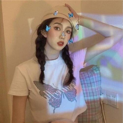 Hot Selling T shirt Women Butterfly Print Short Sleeve O Neck Cotton Spandex T-shirt Woman Short Length Tshirt Women