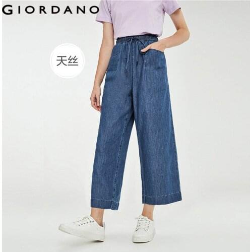 Giordano Women Pants Elastic Waistband Drawstring Denim Pants Wide Leng Ankle Lengtgh Multi Pocket Vaqueros Mujer 18421201