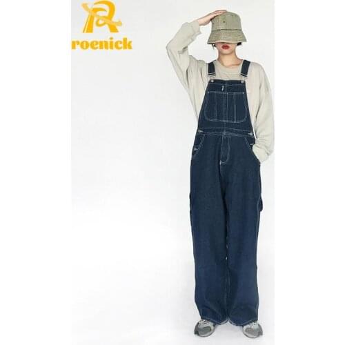 ROENICK Women Solid Denim Jumpsuits BF Chic Basic Overalls Female College Blue Wide Leg Rompers Office Lady Long Length Pants