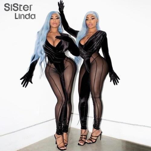 Sisterlinda Velvet Cross Sexy Mesh Jumpsuits Women Deep V Neck Patchwork Skinny Fitness Party Activewear Female Rompers Outfits