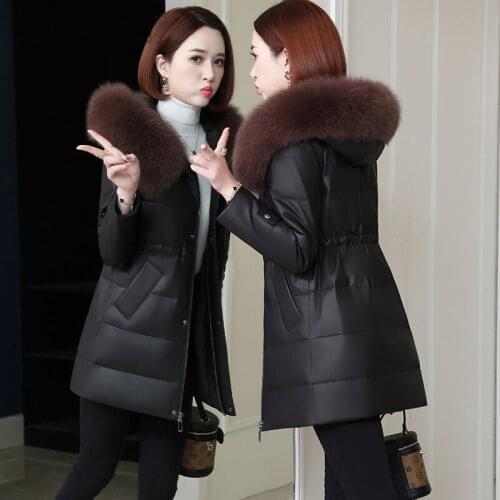Winter Thick Warm PU Leather Jacket 2021 New Female Mid-length Soft leather Down Padded Jacket Middle-aged Washed leather Coat
