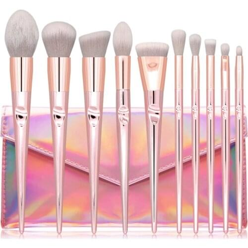 New 10Pcs Pink Makeup Brushes Set Eye Shadow Eyebrow Facial Quality Make Up Cosmetic Brush Bling Tools