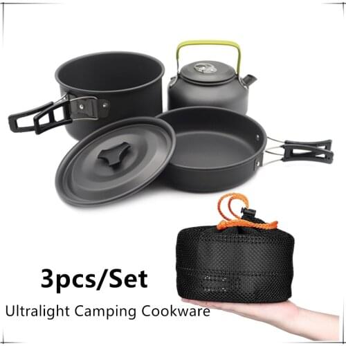 3pcs/Set Ultra-light Alloy Camping Cookware Utensils Outdoor Tourism Cooking Teapot Picnic Tableware Kettle Pot Frying Pan Set