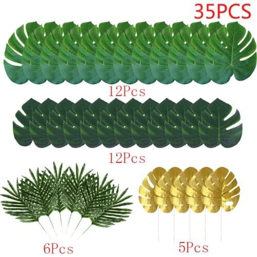 35Pcs Artificial Palm Leaves Gold Green Tropical Palm Tree Leaves for Wedding Hawaiia Party Jungle Beach Theme Party Table Decor