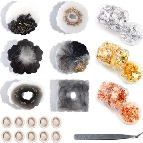 6pcs DIY Hexagonal Round Irregular Shape Coaster Tray Crystal Epoxy Resin Mold Love Base Tea Coaster