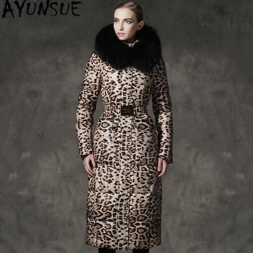 White Down Jacket Woman Hooded Leopard Winter Coat Women Long Warm Puffer Jacket Raccon Fur Collar Chaqueta Mujer MY206 KJ2603