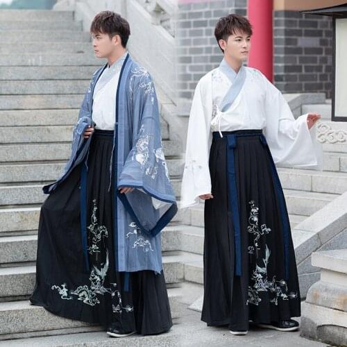 Free shipping cloak large size mens wear Hanfu mens ancient clothes wide sleeve cross collar Ru skirt scholars Taoist Robe