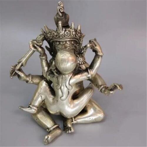 FREE SHIPPING TIBET SILVER GILT BRONZE MANJUSHRI CONSORT YAB-YUM BUDDHA STATUE 5.5